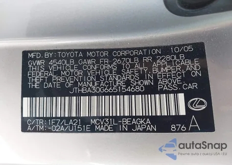 2006 Lexus Es 330 from USA, damaged, VIN JTHBA30G665154680